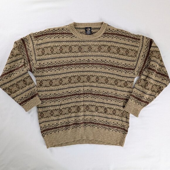VTG Tan Brown Maroon Fair Isle Knit Dockers Ribbed Hem Grandpa Sweater - Picture 1 of 6